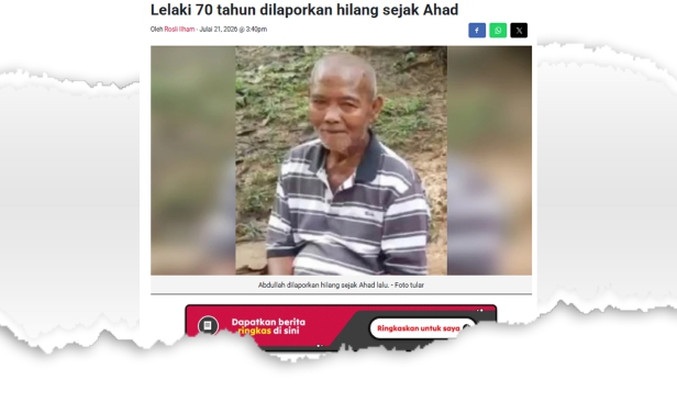 Hilang sejak Ahad, warga emas ditemui maut di kawasan paya