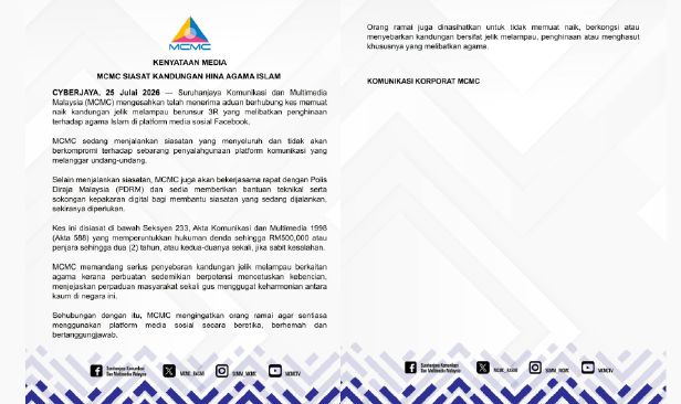 MCMC sahkan terima aduan, siasat menyeluruh dakwaan kandungan hina Nabi Muhammad di media sosial
